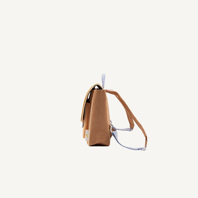 
                  
                    Side view of a Sticky Lemon small backpack in khaki corduroy messenger bag style, available for Sticky Lemon USA customers
                  
                
