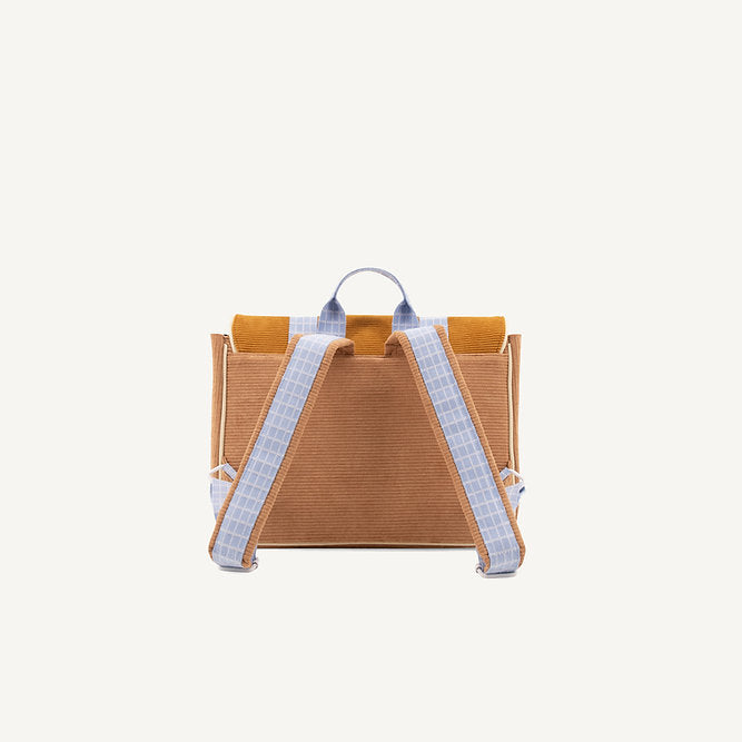 
                  
                    Back view of a Sticky Lemon small backpack in khaki corduroy messenger bag style, available for Sticky Lemon USA customers
                  
                
