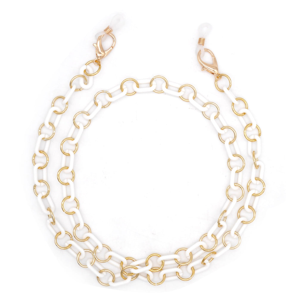 Sunglass chain or eyeglass chain with alternating white and gold links