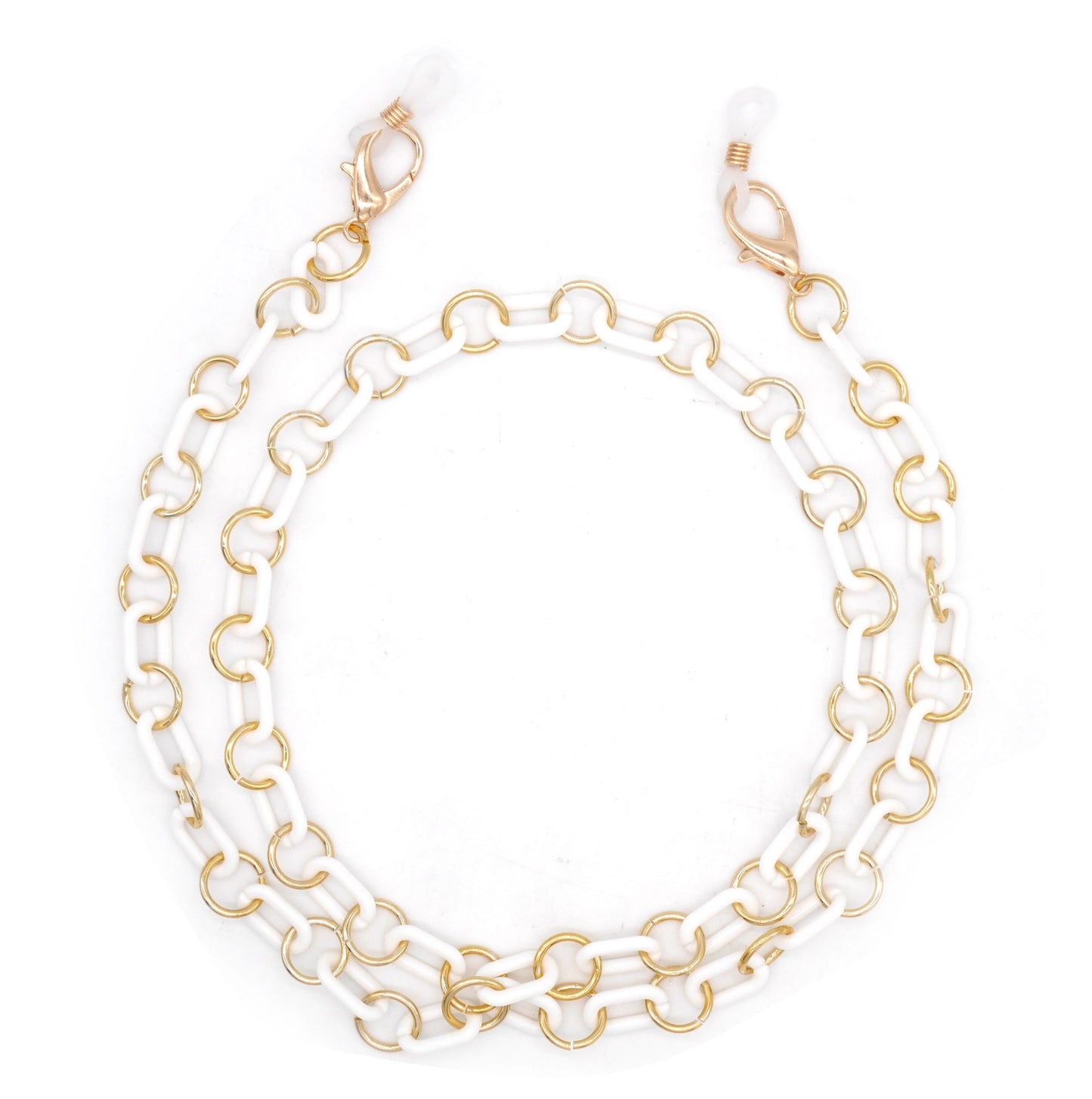 Sunglass chain or eyeglass chain with alternating white and gold links