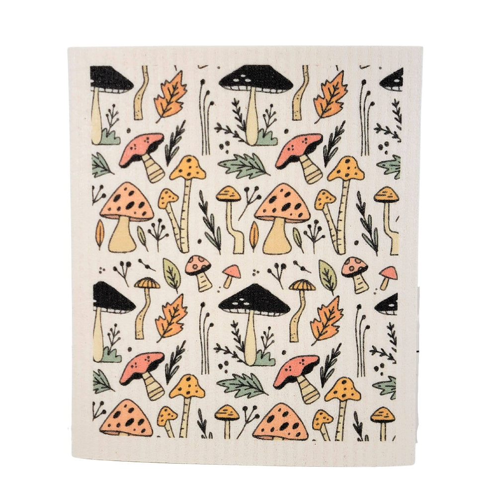 
                  
                    swedish dish cloth with light colored forest mushrooms and leaves
                  
                