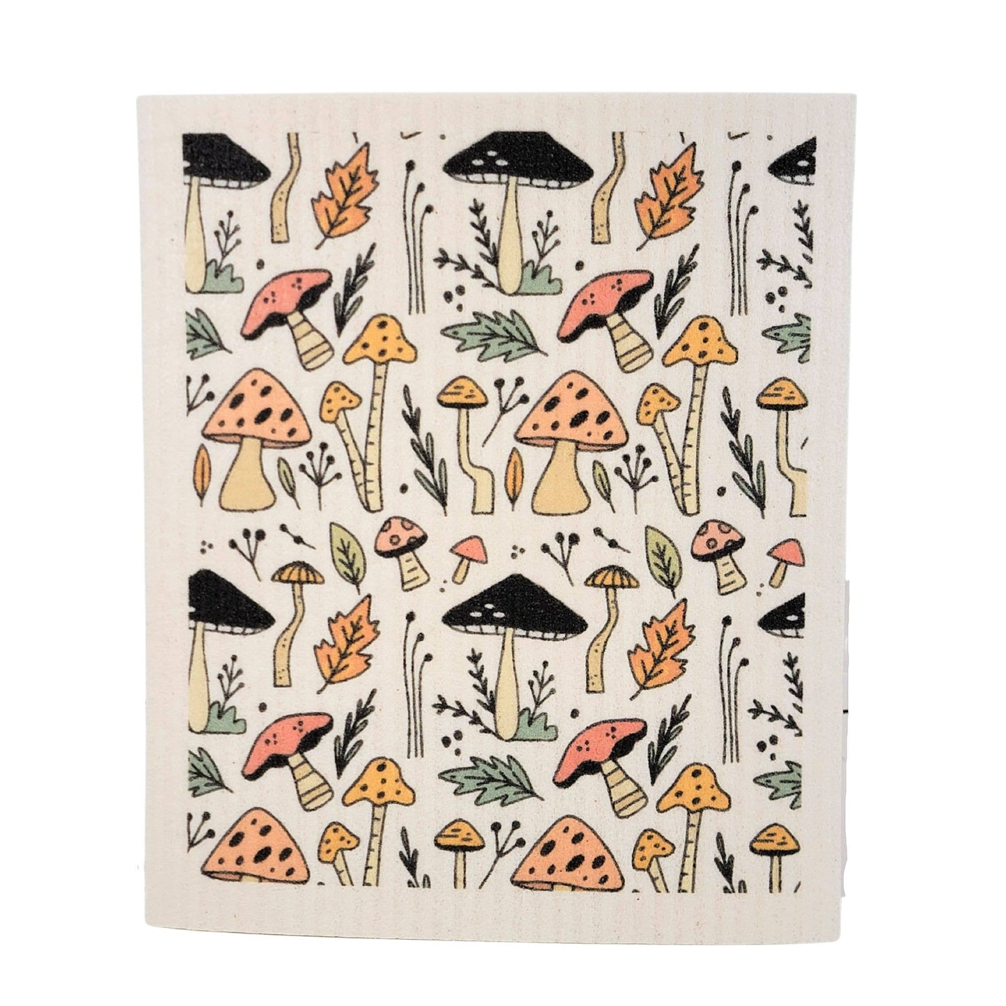 
                  
                    swedish dish cloth with light colored forest mushrooms and leaves
                  
                