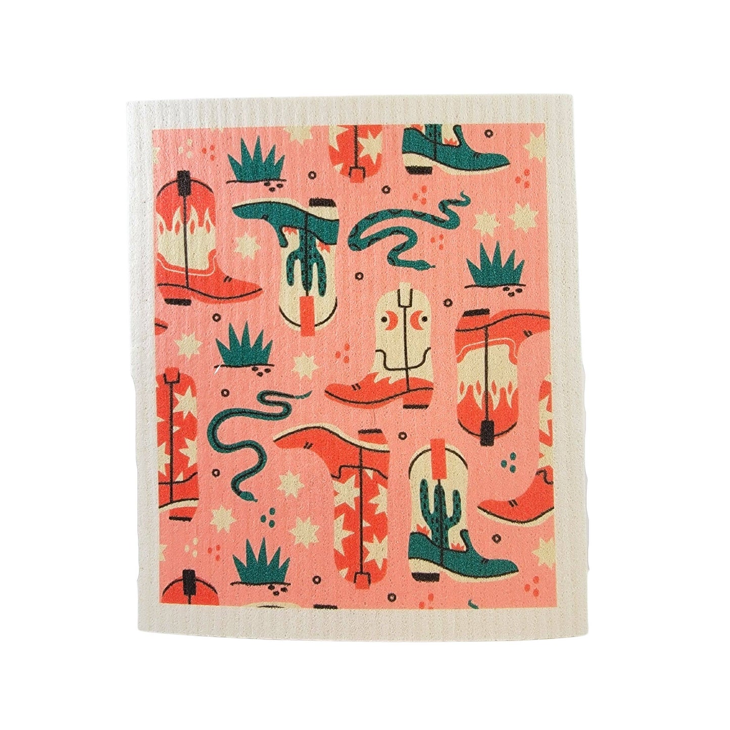 
                  
                    swedish dish cloth in coral color with western boots and snakes
                  
                