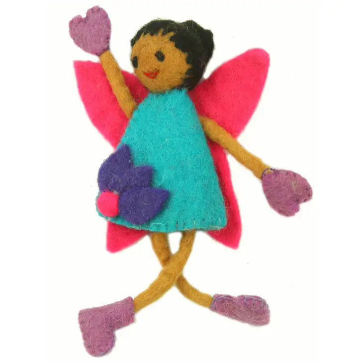 Handmade felt tooth fairy pillow with black hair, pink wings, and a back pocket for holding tooth fairy notes