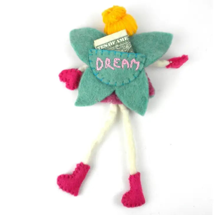 
                  
                    Back side of tooth fairy pillow with blonde hair, blue wings, and a back pocket for holding tooth fairy notes
                  
                