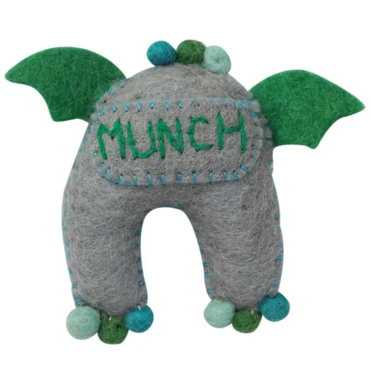 
                  
                    Tooth pocket for holding tooth fairy notes on back of gray monster tooth fairy pillow boy style with green wings
                  
                