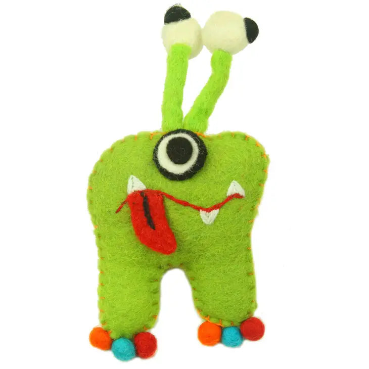 
                  
                    Green monster tooth fairy pillow boy style made from felt with eye stalks and pom pom toes
                  
                