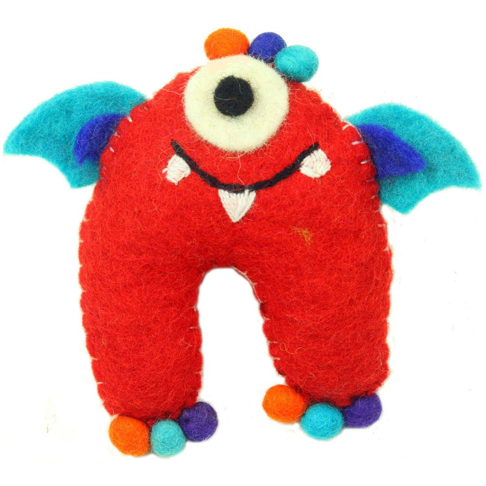 Red monster tooth fairy pillow boy style made from felt with one eye, blue felt wings and pompom toes