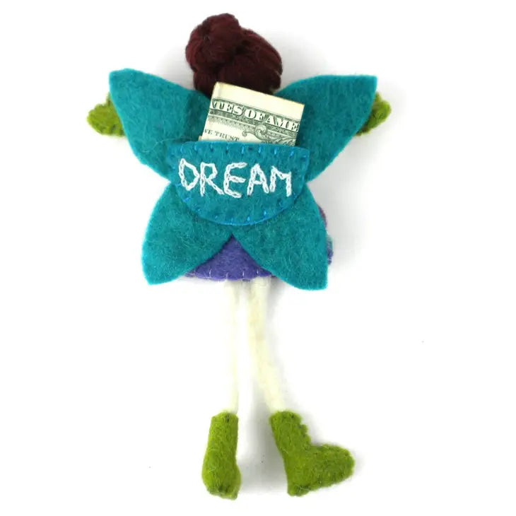 
                  
                    Back side of felt tooth fairy pillow with brown hair, blue wings, and a back pocket for holding tooth fairy notes
                  
                