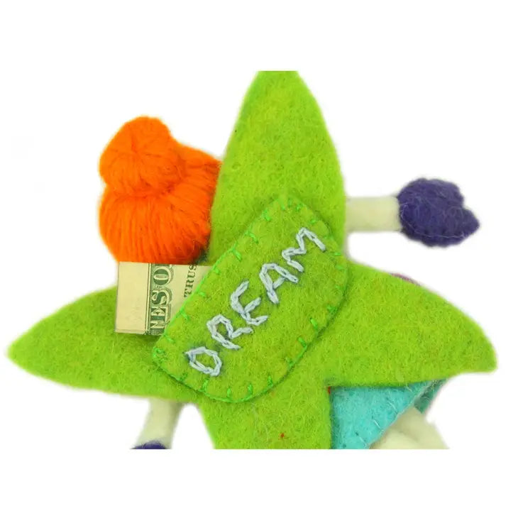 
                  
                    Back side of felt tooth fairy pillow with red hair, green wings, and a back pocket for holding tooth fairy notes
                  
                
