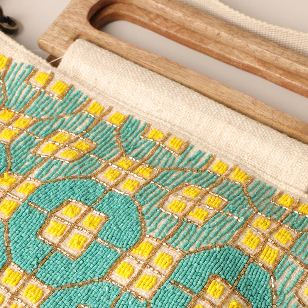 
                  
                    Bead detail of the blue and yellow "Citrus Surf" wooden handle beaded summer bag
                  
                